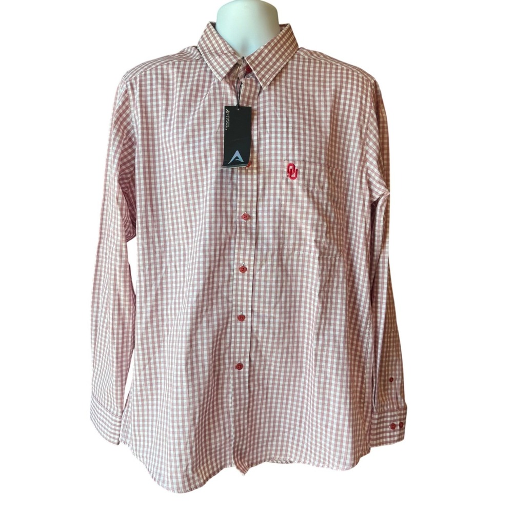Antigua NCAA OU Oklahoma Sooners Gingham Check Button Up Shirt Large NEW w/ Tag